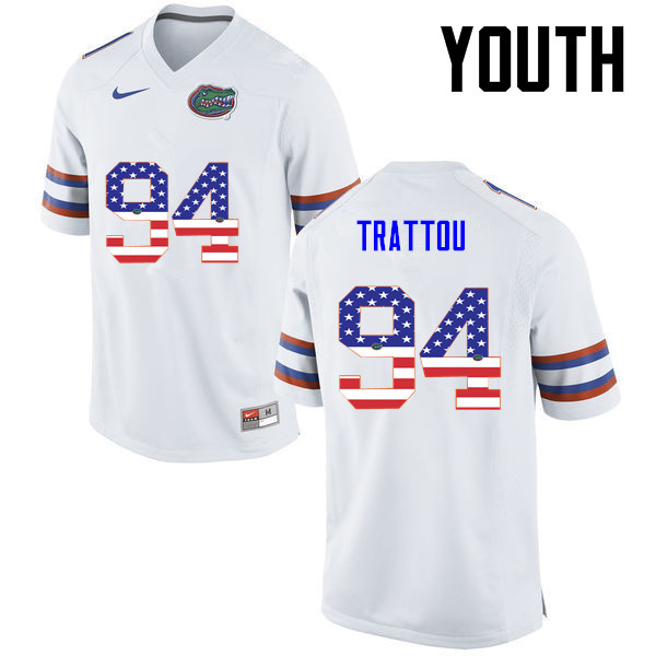 Youth Florida Gators #94 Justin Trattou College Football USA Flag Fashion Jerseys-White - Click Image to Close